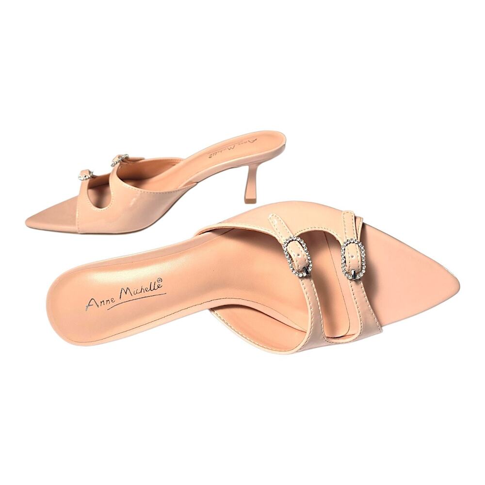 Anne Michelle Nude Rhinestone Buckle Pointed Toe Mule Heels Size 7 Glam NIB